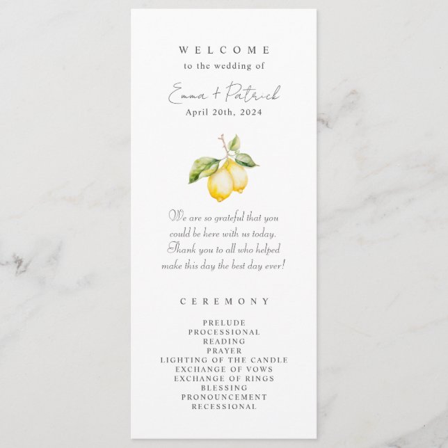 Classic Citrus Lemon Summer Wedding Programme (Front)