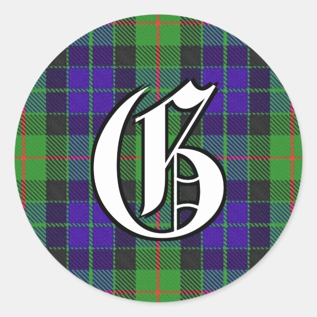 Classic Clan Gunn Tartan Monogram Round Sticker (Front)