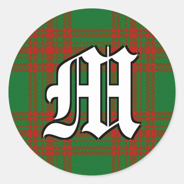 Classic Clan Menzies Red and Green Tartan Monogram Classic Round Sticker (Front)