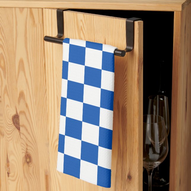 Classic cobalt blue checkerboard tea towel (Thirds Fold)