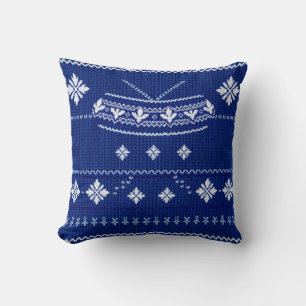 Classic Cobalt Blue & White Nordic Snowflake Knitt Cushion