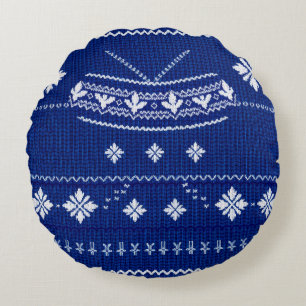Classic Cobalt Blue & White Nordic Snowflake Knitt Round Cushion