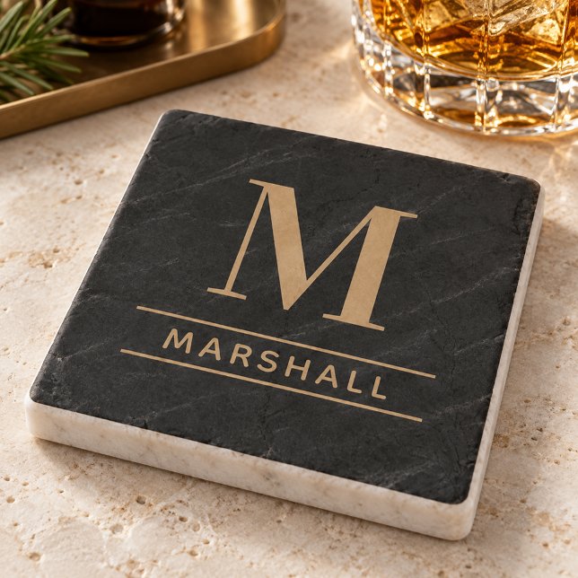 Classic Cognac Tan Serif Monogram Name Stone Coaster (Creator Uploaded)