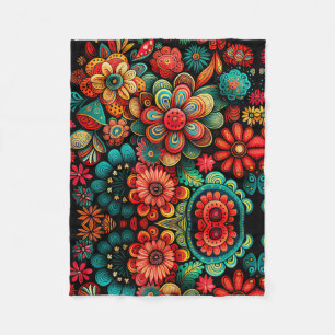 CLASSIC COLORFUL DOODLE FLOWERS ART DESIGN FLEECE BLANKET