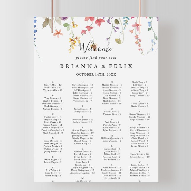 Classic Colorful Floral Alphabetical Seating Chart (Creator Uploaded)