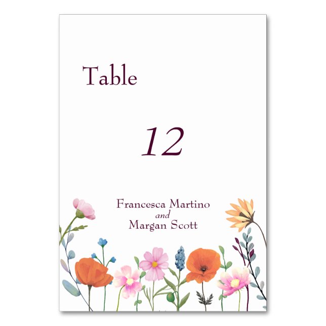Classic colorful floral greenery table number (Front)