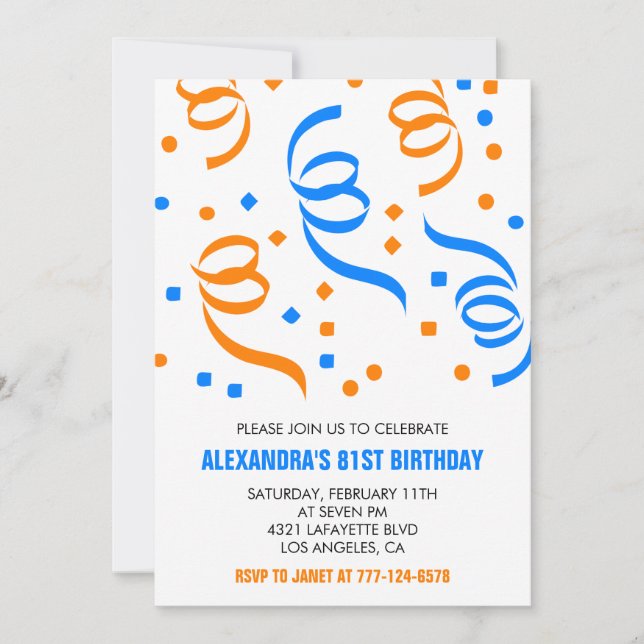 Classic Confetti Blue Orange 81st birthday Invitation (Front)