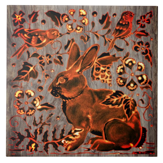 Classic Copper Bunny Rabbit Birds Floral on Stone Tile (Front)