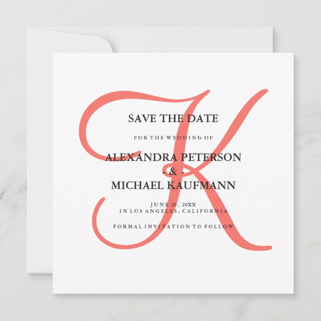 Classic Coral Monogram Save the Date (Front)