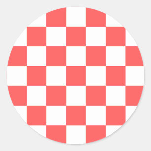 Classic coral red chequerboard round sticker