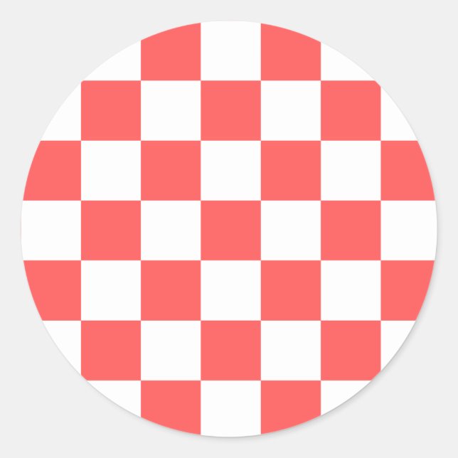 Classic coral red chequerboard round sticker (Front)