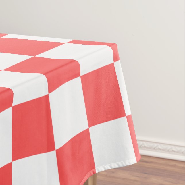 Classic coral red chequerboard tablecloth (In Situ)