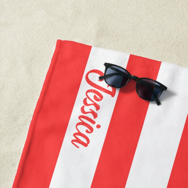 Classic Coral Red White Cabana Strip Personalised Beach Towel (In Situ)