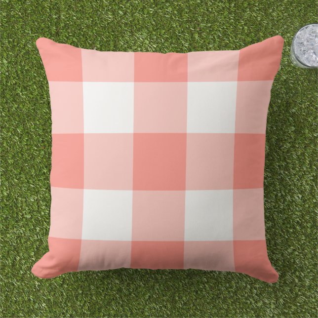 Classic Coral White Large Gingham Check Cushion (Grass)