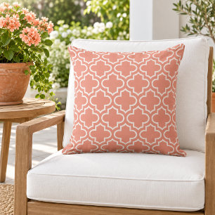 Classic Coral White Quatrefoil Trellis Cushion