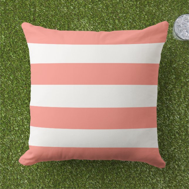 Classic Coral White Wide Horizontal Stripe Cushion (Grass)