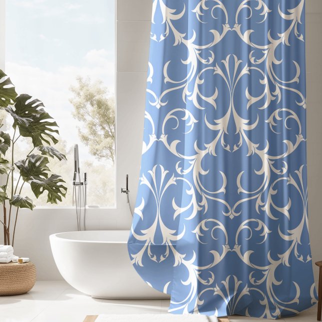 Classic Cornflower Blue & White Damask Floral Shower Curtain (Creator Uploaded)
