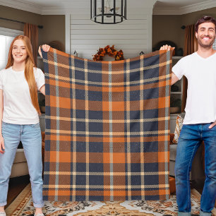 Classic Cosy Autumn Blue and Orange Plaid Fleece Blanket