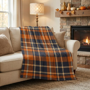 Classic Cosy Autumn Blue and Orange Plaid Fleece Blanket
