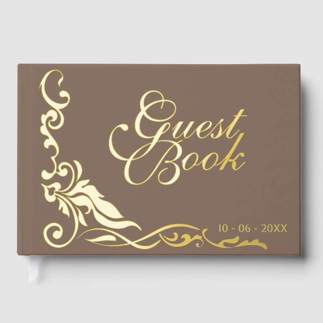Classic Couple Initials Floral Filigrain Gold Guest Book (Front)