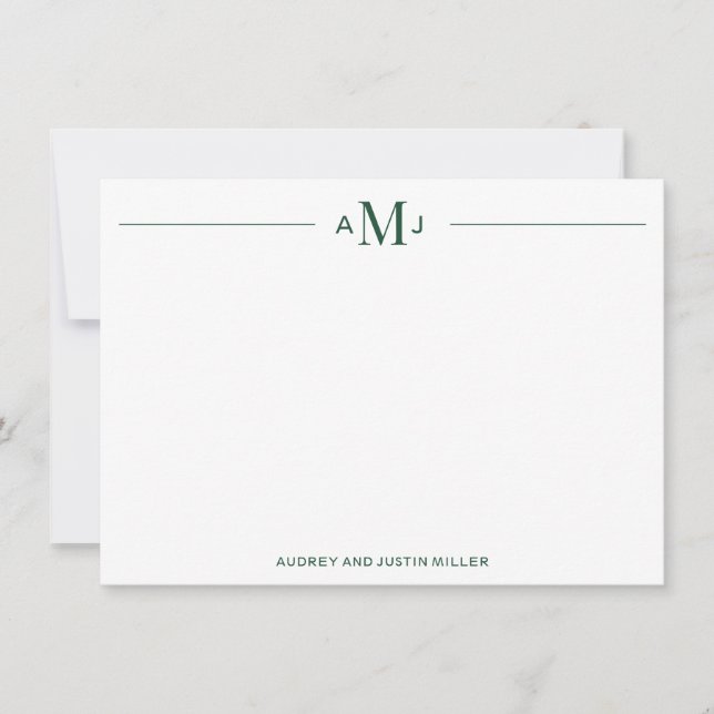Classic Couples Monogram, Green Personalised Flat Card (Front)