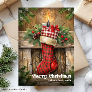 Classic cozy Christmas stocking card pine wreath