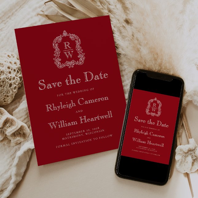 Classic Cranberry Red Monogram Crest Save The Date (Creator Uploaded)