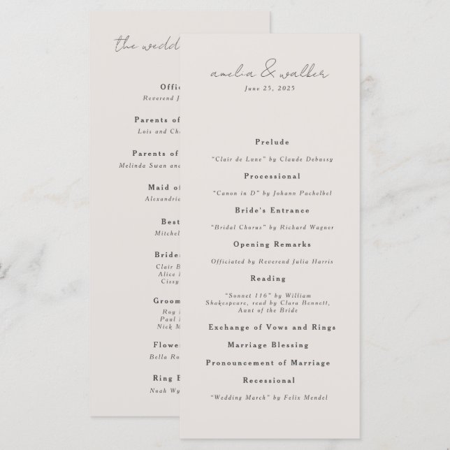 Classic Cream and Charcoal Grey Wedding Program Menu (Front/Back)