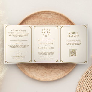 Classic Cream and Gold Monogram QR Code Wedding Tri-Fold Invitation