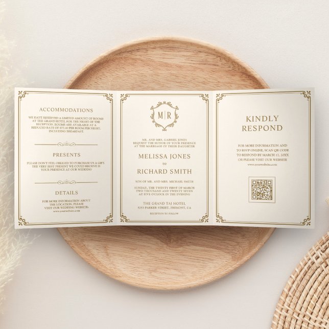 Classic Cream and Gold Monogram QR Code Wedding Tri-Fold Invitation (Creator Uploaded)