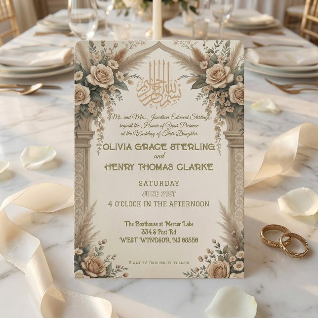 Classic Cream Antique Gold Floral Islamic Wedding  Invitation (Creator Uploaded)