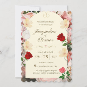 Classic Cream Arch with Red & Yellow Roses Wedding Invitation