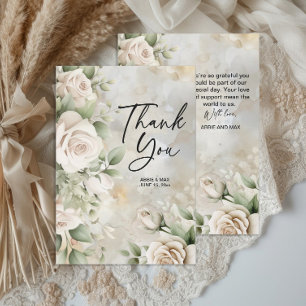 Classic Cream Floral Sage Green Leaves Wedding  Thank You Card