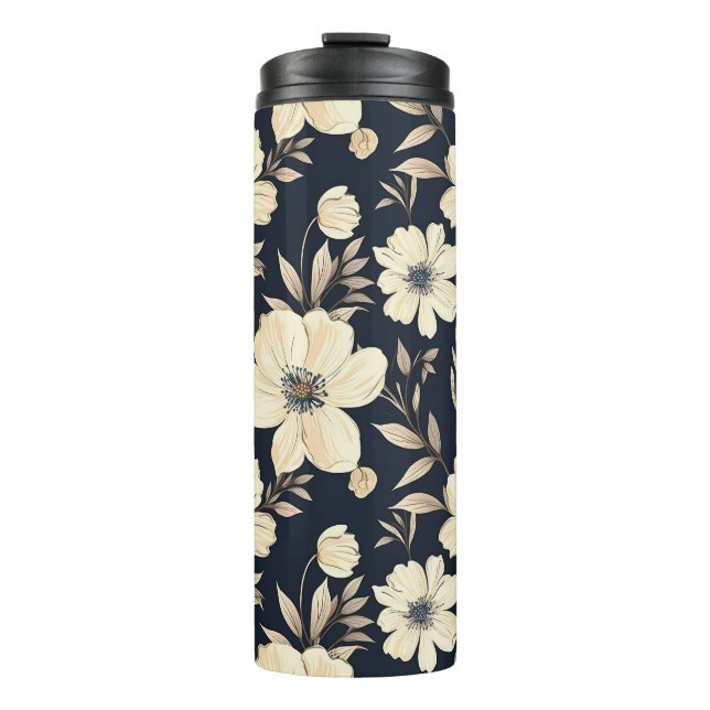 Classic Cream Flowers On Dark Navy Blue Background Thermal Tumbler (Front)