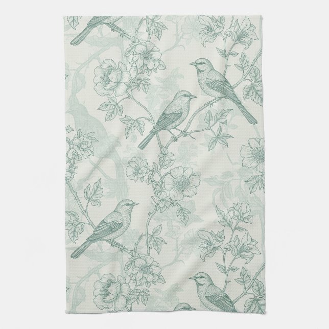 Classic Cream Mint Bird Garden Toile Pattern Tea Towel (Vertical)