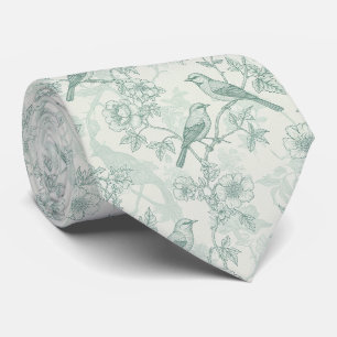 Classic Cream Mint Bird Garden Toile Pattern Tie