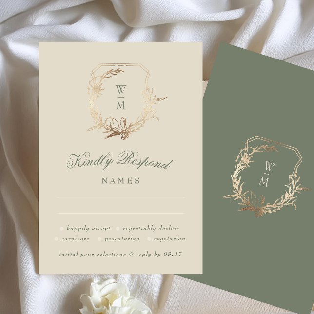 Classic Cream & Sage Monogram Gold Botanical Motif RSVP Card (Creator Uploaded)