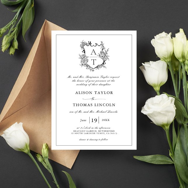 Classic Crest Black White Wedding Invitation (Creator Uploaded)