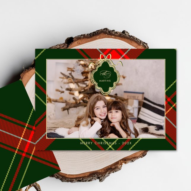 Classic Crest Christmas Red Green Plaid Photo Holiday Card (Creator Uploaded)