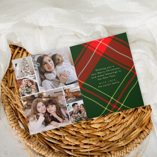Classic Crest Christmas Red Plaid Photo Collage Holiday Card (Creator Uploaded)