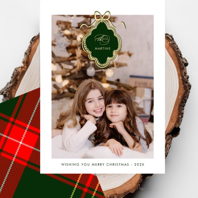 Classic Crest Christmas Red Plaid Photo Holiday Card (Creator Uploaded)