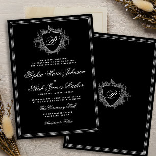 Classic crest monogram black and white wedding invitation