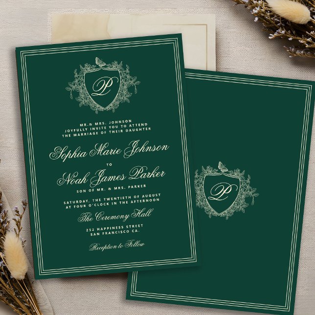 Classic crest monogram emerald green wedding invitation (Creator Uploaded)