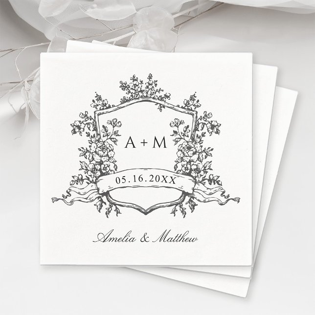 Classic Crest Monograms Wedding Black & White Napkin (Creator Uploaded)