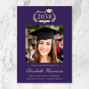 Classic Crest Purple Gold Photo College Graduation Announcement