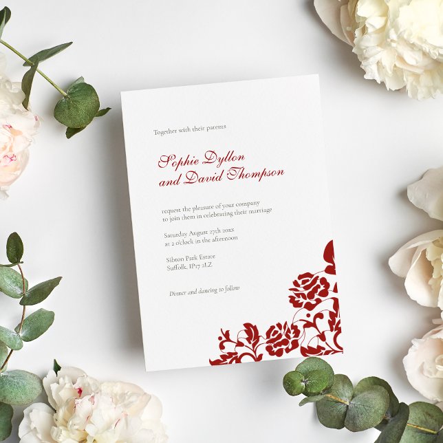 Classic Crimson Red Rose Lace Pattern Wedding Invitation (Creator Uploaded)