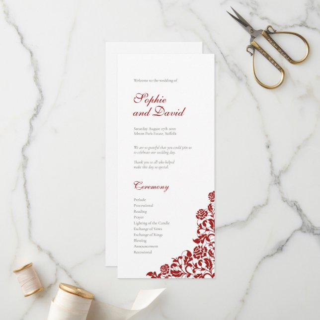 Classic Crimson Red Rose Lace Wedding Programme (Front/Back In Situ)