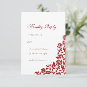Classic Crimson Red Rose Rose Lace Wedding RSVP Card