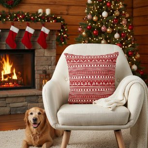Classic Cristmas Reindeer Snowflakes Red and White Cushion