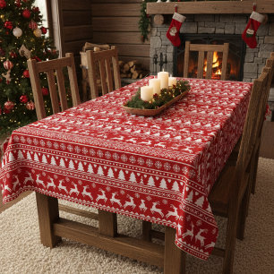 Classic Cristmas Reindeer Snowflakes Red and White Tablecloth